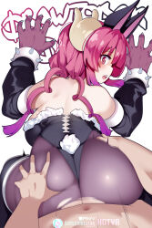 1boy 1girl against_wall animal_ears ass black_leotard bracelet dragon_girl dragon_horns fake_animal_ears fake_tail grabbing_another&#039;s_ass groping hetero highres horns hot_vr ilulu_(maidragon) jewelry kobayashi-san_chi_no_maidragon leotard long_hair low_twintails open_mouth pantyhose pixiv_username playboy_bunny pov rabbit_ears rabbit_tail red_hair sex sex_from_behind simple_background spiked_bracelet spikes subscribestar_logo subscribestar_username surprised tail torn_clothes torn_pantyhose twintails white_background yellow_horns