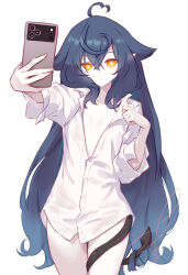 1girl absurdres ahoge blue_hair closed_mouth demon_girl demon_tail expressionless flat_chest hair_between_eyes heart heart_ahoge highres holding holding_phone long_hair looking_at_viewer naked_shirt original pale_skin partially_unbuttoned phone pointy_ears selfie shirt signature simple_background soanote solo tail very_long_hair white_background white_shirt yellow_eyes
