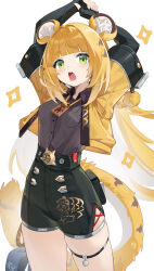 1girl absurdres animal_ear_fluff arms_up black_gloves black_shorts blonde_hair breasts commentary cowboy_shot elbow_gloves fingerless_gloves freeeeeeeeeee gloves green_eyes grey_shirt high-waist_shorts highres jacket ju_fufu lanyard long_hair looking_at_viewer open_mouth orange_jacket shirt shirt_tucked_in shorts simple_background small_breasts solo tail thigh_strap thighs white_background white_hair zenless_zone_zero