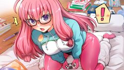 ! @_@ ahoge aqua_jacket bag_of_chips black-framed_eyewear blush bodysuit bodysuit_under_clothes controller cushion end_card futon highres holding holding_controller ideura_shizuri_(neet_kunoichi) jacket long_hair looking_at_viewer multicolored_jacket neet_de_otaku_na_kunoichi_to_naze_ka_dousei_hajimemashita official_art pink_bodysuit pizza_box purple_eyes sitting speech_bubble spoken_exclamation_mark tongue tongue_out two-tone_jacket very_long_hair wariza white_jacket wooden_floor yano_toshinori