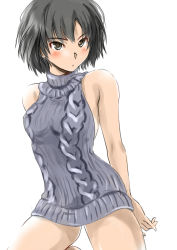 1girl amagami backless_outfit bare_shoulders black_hair blush bob_cut breasts brown_eyes cowboy_shot dress female_focus looking_at_viewer md5_mismatch meme_attire murasaki_iro nanasaki_ai no_pants ribbed_sweater short_hair simple_background solo sweater sweater_dress virgin_killer_sweater white_background