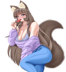 1girl absurdres animal_ear_fluff animal_ears bare_shoulders blue_eyes blue_leggings blunt_bangs blush breasts breasts_squeezed_together brown_hair cat_ears cat_girl cat_tail cleavage crop_top fluffy food food_in_mouth highres large_breasts leggings long_hair original popsicle popsicle_in_mouth purple_sweater solo sweater tail takie takie_arts very_long_hair white_background