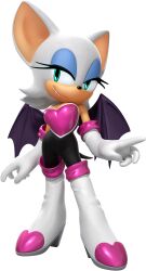 1girl 3d absurdres animal_ears animal_nose aqua_eyes arms_at_sides bare_shoulders bat_ears bat_girl bat_wings black_bodysuit blue_eyeshadow body_fur bodysuit boots breasts closed_mouth elbow_gloves eyeshadow female_focus full_body furry furry_female gloves half-closed_eyes happy heart high_heels highres index_finger_raised lipstick looking_at_viewer makeup mario_&amp;_sonic_(series) mario_&amp;_sonic_at_the_rio_2016_olympic_games medium_breasts official_art pink_lips pink_trim purple_wings rouge_the_bat shiny_clothes short_hair sideways_mouth simple_background smile solo sonic_(series) standing tail thigh_boots third-party_source transparent_background white_boots white_fur white_gloves white_hair wings