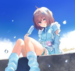 1girl absurdres ahoge apron aqua_eyes aqua_jacket aqua_shorts arm_support belt blue_bow blue_sky bow brown_hair cloud cloudy_sky commentary_request day food frilled_apron frilled_shorts frills hair_bow highres holding holding_food holding_popsicle hololive jacket jersey_maid kintotomaturi leg_warmers light_blush looking_at_viewer maid medium_hair multiple_belts natsuiro_matsuri natsuiro_matsuri_(jersey_maid) official_alternate_costume one_side_up open_mouth outdoors popsicle short_shorts shorts sitting sky smile solo striped_leg_warmers thigh_strap unconventional_maid waist_apron water_drop white_apron white_belt