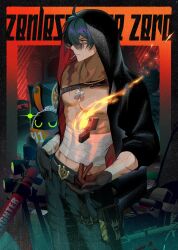 1boy artist_name bandaged_arm bandages bangboo_(zenless_zone_zero) belt black_gloves black_jacket blue_hair candy character_name copyright_name dog_tags eous_(zenless_zone_zero) fire food gloves hair_between_eyes highres hinatsu hood hood_up hooded_jacket jacket lighter lighter_(zenless_zone_zero) lollipop male_focus motor_vehicle motorcycle mouth_hold nipples open_clothes open_jacket pants pectorals scar scar_on_neck sparkle sunglasses toned toned_male topless_male zenless_zone_zero