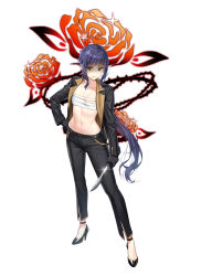 1girl black_gloves black_jacket black_pants black_shoes blue_hair breasts chest_sarashi clenched_teeth closers collarbone dagger eunha_(closers) frown full_body glint gloves green_eyes hand_on_own_hip high_heels highres holding holding_dagger holding_knife holding_weapon jacket knife long_hair long_sleeves looking_at_viewer low_ponytail navel official_art open_clothes open_jacket pants ponytail sarashi shaded_face shoes simple_background small_breasts solo standing stomach teeth very_long_hair weapon white_background