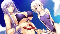 2girls arms_behind_back bare_arms bare_shoulders bikini blonde_hair blush braid breasts closed_mouth covered_navel embarrassed game_cg huge_breasts legs long_hair looking_at_viewer matching_hair/eyes multiple_girls original outdoors purple_bikini purple_eyes purple_hair sangoku_hime sangoku_hime_2 shiny_clothes shovel shuuyu_koukin_(sangoku_hime) single_braid sky small_breasts sonsaku_(sangoku_hime) standing sun_ce swimsuit thigh_gap thighs unicorn-a