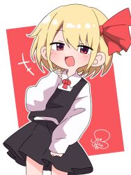 1girl ascot black_skirt black_vest blonde_hair blush collared_shirt hair_between_eyes hair_ribbon highres long_sleeves looking_at_viewer mesugaki open_mouth red_ascot red_eyes red_ribbon ribbon rumia shirt shirt_tucked_in short_hair simple_background skirt smile soesoe300 solo standing touhou vest white_shirt