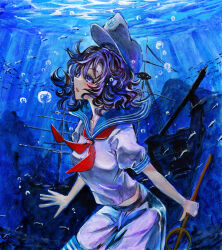 1girl acrylic_paint_(medium) black_hair blue_eyes bubble collared_shirt cowboy_shot fish hat highres holding holding_ladle kabaji ladle midriff murasa_minamitsu neckerchief ocean painting_(medium) red_neckerchief shikishi shipwreck shirt short_hair short_sleeves shorts solo touhou traditional_media underwater white_hat white_shirt white_shorts