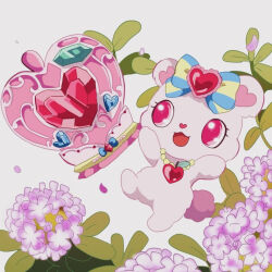 1girl :3 animal_ears apple bear_ears bear_girl bear_tail bow chibikemo commentary_request flower food fruit furry furry_female gem hair_bow heart heart_necklace hydrangea jewelpet_(creature) jewelpet_(series) jewelry masaki_(ma_po7) necklace open_mouth pink_eyes pink_flower pink_fur rosa_(jewelpet) simple_background smile solo tail white_background
