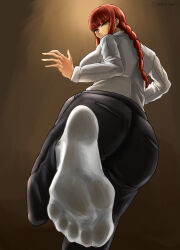 Rule 34 | 1girl, 45kingman, absurdres, ass, braid, chainsaw man, feet, highres, long hair, looking at viewer, looking back, makima (chainsaw man), red hair, single braid, smile, socks, soles, toes, white socks, yellow eyes