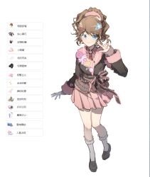 1girl :3 ankle_socks black_jacket black_ribbon black_shoes blue_eyes brown_hair cat_princess chinese_commentary chinese_text closed_mouth collared_shirt commentary_request finger_to_cheek frilled_jacket frilled_ribbon frilled_socks frills full_body fur-trimmed_jacket fur-trimmed_sleeves fur_trim game_screenshot_inset hair_ornament hair_scrunchie hairclip heart heart_hair_ornament heart_print highres infinity_nikki jacket knees loafers long_sleeves looking_at_viewer medium_hair miniskirt necktie nikki_(series) pink_arm_warmers pink_scrunchie pink_shirt pink_skirt pleated_skirt ponytail rainbow_hair_ornament red_necktie ribbon ribbon-trimmed_jacket scrunchie shirt shoes simple_background skirt smile socks solo star_(symbol) star_hair_ornament swept_bangs tachi-e translation_request waist_ribbon wavy_hair white_background white_socks y2k_fashion