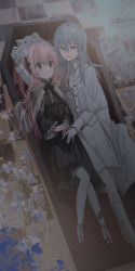 2girls black_bow black_dress black_footwear blue_eyes bow checkered_floor chihuri closed_mouth coffin collared_shirt commentary_request dress dress_shirt earrings ende_(chihuri) feet_out_of_frame flower gloves grey_hair hair_between_eyes hair_bow highres jacket jewelry long_sleeves lying multiple_girls nea_(chihuri) on_back on_side original pantyhose parted_lips pink_hair purple_eyes shirt shoes skirt smile socks stud_earrings white_flower white_gloves white_jacket white_pantyhose white_shirt white_skirt white_socks wide_sleeves yuri