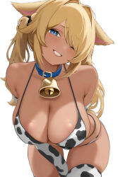 1girl absurdres animal_collar animal_ears animal_print arm_behind_back bare_shoulders bell bent_over bikini blonde_hair blue_collar blue_eyes breasts cleavage collar commission cow_print cow_print_bikini cow_print_gloves cow_print_thighhighs cowbell cowboy_shot dark-skinned_female dark_skin elbow_gloves gloves grin hair_intakes halterneck highres large_breasts light_blush long_hair looking_at_viewer me_o_wy multi-strapped_bikini_bottom neck_bell one_eye_closed original parted_bangs print_bikini print_gloves print_thighhighs simple_background skindentation smile solo standing swept_bangs swimsuit thighhighs twintails very_long_hair white_background