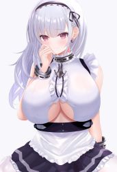 1girl absurdres ana_(vvvvor) anchor_choker anchor_necklace apron azur_lane black_hairband black_skirt blouse breasts center_frills choker clothing_cutout dido_(azur_lane) earrings frilled_choker frills hairband heart heart_earrings highres huge_breasts jewelry lace-trimmed_hairband lace_trim long_hair looking_at_viewer necklace purple_eyes shirt simple_background skirt sleeveless sleeveless_shirt solo underboob underboob_cutout waist_apron white_apron white_background white_hair