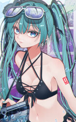 1girl absurdres aqua_hair arm_tattoo bare_shoulders bikini black_bikini blue_eyes blue_nails breasts cleavage collarbone criss-cross_halter earrings eyewear_on_head front-tie_bikini_top front-tie_top halterneck hatsune_miku highres jewelry long_hair medium_breasts nail_polish navel number_tattoo parted_lips solo sunglasses swimsuit tattoo tiandingfengren twintails upper_body very_long_hair vocaloid