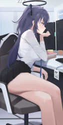 absurdres binder black_skirt blue_archive blue_eyes blue_hair blue_necktie breasts closed_mouth collared_shirt computer_keyboard desk elbows_on_table halo head_rest highres id_card indoors lanyard large_breasts lkovn956271 long_hair long_sleeves mechanical_halo monitor necktie pleated_skirt shirt shirt_tucked_in skirt thighs two_side_up white_shirt yuuka_(blue_archive)