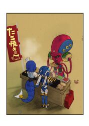 1boy 2girls absurdres android ass back benishouga black_eyes boots brown_background cooking crab crossover facial_mark feet_out_of_frame fins food food_stand full_body gasoline gloves helmet highres holding holding_food launch_octopus_(mega_man) fairy_leviathan_(mega_man) mayonnaise mega_man_(classic) mega_man_(series) mega_man_x_(series) mega_man_zero_(series) mermaid monster_girl moskau999 multiple_girls robot robot_girl sauce shadow splash_woman takoyaki takoyaki_pan tentacles thigh_boots thighhighs vegetable white_gloves