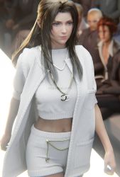 1girl 3d absurdres aerith_gainsborough alternate_costume blurry blurry_background brown_hair cardigan catwalk chanel final_fantasy final_fantasy_vii final_fantasy_vii_remake green_eyes highres jewelry long_hair looking_forward necklace parted_bangs reno_(ff7) rude_(ff7) runway shirt short_sleeves shorts sidelocks silverelitist solo_focus square_enix upper_body walking white_cardigan white_shirt white_shorts