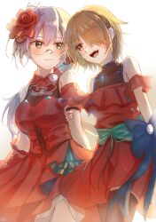 2girls aoi11_luyu back_bow black_pantyhose blonde_hair blush bow breasts dress fang glasses grabbing_another&#039;s_arm green_eyes grey_hair hair_ornament hair_over_one_eye hair_over_shoulder hairclip heaven_burns_red highres holding_hands izumi_yuki_(heaven_burns_red) kayamori_ruka long_hair low-tied_long_hair multiple_girls official_alternate_costume pantyhose red_dress red_eyes round_eyewear see-through_clothes short_hair yuri