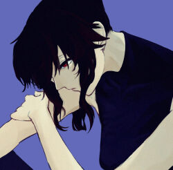 Rule 34 | 1girl, assault lily, black hair, black pants, black shirt, blue background, closed mouth, commentary, doanobu8817, hair between eyes, hand on own arm, head on arm, knee up, looking ahead, looking down, nagasawa yuki (assault lily), pants, red eyes, shirt, short hair, sidelocks, simple background, sleeveless, sleeveless shirt, solo, upper body