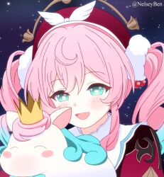 1girl :d ^_^ aqua_eyes aqua_hair beret bnelsey bright_pupils closed_eyes colored_tips commentary crown english_commentary gradient_hair hair_between_eyes hair_bobbles hair_ornament hat heart heart-shaped_pupils honkai:_star_rail honkai_(series) hyacine_(honkai:_star_rail) light_blush little_ica_(honkai:_star_rail) long_hair multicolored_hair open_mouth pink_hair red_hat sidelocks simple_background sky smile star_(sky) starry_sky symbol-shaped_pupils twintails twitter_username two-tone_hair upper_body white_pupils