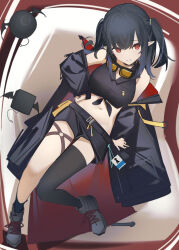 1girl absurdres arknights asymmetrical_legwear bare_shoulders black_coat black_hair black_shirt black_socks black_thighhighs breasts bright_pupils chichi_guai chinese_commentary closure_(arknights) coat commentary_request crop_top from_above full_body goggles goggles_around_neck hand_on_own_hip highres kneehighs large_breasts looking_at_viewer medium_hair midriff navel off_shoulder pointy_ears red_eyes shirt single_kneehigh single_sock single_thighhigh sleeveless sleeveless_shirt smile socks solo thighhighs tied_shirt two_side_up uneven_legwear white_pupils