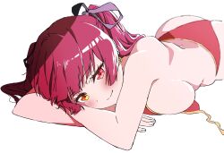 1girl ass bikini breasts highres hololive houshou_marine houshou_marine_(summer) large_breasts loose_bikini lying mugi0913 on_stomach red_bikini smile solo swimsuit tagme