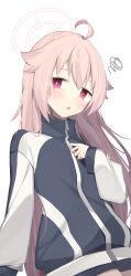 1girl absurdres ahoge black_jacket blue_archive blush commentary_request hair_between_eyes halo hanasaki_rin highres jacket long_hair looking_at_viewer natsu_(blue_archive) pink_eyes pink_hair pink_halo simple_background solo squiggle track_jacket very_long_hair white_background zipper_pull_tab