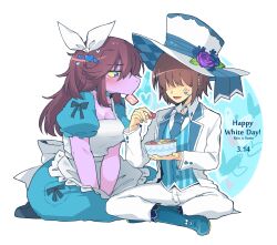 1girl 1other alice&#039;s_adventures_in_wonderland alice_(alice_in_wonderland) alice_(alice_in_wonderland)_(cosplay) apron black_choker blue_dress blush bow bowl choker colored_sclera colored_skin cookie cosplay dated deltarune dress facial_mark flower food formal_clothes full_body furry furry_female hair_bow happy_white_day hat hat_flower highres holding holding_bowl holding_cookie holding_food indian_style jacket komugiko_(bitte_komu) kris_(deltarune) mouth_hold one_side_up open_mouth pants pink_skin puffy_short_sleeves puffy_sleeves purple_eyes shaded_face short_sleeves sitting suit susie_(deltarune) v_arms white_apron white_background white_hat white_jacket white_pants white_suit yellow_sclera