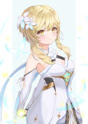 1girl blonde_hair breasts dress flower genshin_impact hair_between_eyes hair_flower hair_ornament highres looking_at_viewer lumine_(genshin_impact) mizuhi_kou romper short_hair_with_long_locks solo white_dress white_flower white_romper yellow_eyes
