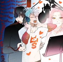 1girl 2boys alien_stage black_eyes black_hair black_shirt bug centipede closed_eyes commentary english_commentary english_text glasses headphones heart ivan_(alien_stage) koalnaln layered_shirt layered_sleeves long_sleeves lyrics microphone mizi_(alien_stage) multiple_boys music music_stand pink_hair pop_filter print_shirt red_pupils red_shirt shirt short_over_long_sleeves short_sleeves singing smile sparkle studio_microphone till_(alien_stage) turtleneck turtleneck_shirt white_shirt yellow_eyes