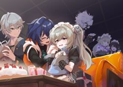 Rule 34 | 2boys, 4girls, alexandrina sebastiane, animal ears, bag, belle (zenless zone zero), birthday, birthday cake, black hair, blue hair, box, brother and sister, cake, closed eyes, commentary request, corin wickes, crying, crying with eyes open, cuffs, ellen joe, food, gift, gift box, green eyes, green hair, grey hair, holding, holding bag, maid, maid headdress, multiple boys, multiple girls, purple eyes, red nails, screw hair ornament, siblings, tears, tentacles, twintails, von lycaon, wise (zenless zone zero), wolf boy, wolf ears, yumefukura, zenless zone zero