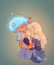 2girls amphibia anne_boonchuy armor blonde_hair blue_eyes blue_hair blush breastplate closed_eyes closed_mouth cropped_legs dark-skinned_female dark_skin fur_skirt gradient_background heart hermi highres hug leaf leaf_on_head long_hair looking_at_another mole mole_under_eye multiple_girls pleated_skirt resistance_costume_(amphibia) sasha_waybright short_hair signature skirt spiked_belt yuri