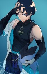 Rule 34 | 1boy, absurdres, animal, arm at side, armor, black bodysuit, black bow, black bridal gauntlets, black hair, black shorts, blue background, blue eyes, blue pupils, blunt ends, bodysuit, bow, bridal gauntlets, caustics, clothes down, covered collarbone, covered navel, cropped legs, dragon, eyelashes, eyeliner, eyeshadow, genshin impact, gold ring, hakama, hakama shorts, hand in own hair, hand up, highres, holding, holding animal, japanese armor, japanese clothes, kote, kurokote, looking at viewer, makeup, male focus, mandarin collar, middle ring, mini durin (genshin impact), parted lips, pleated shorts, red eyeliner, red eyeshadow, renkon 25251020, scaramouche (genshin impact), shorts, small dragon, sweat, tassel, tsurime, wading, wanderer (genshin impact), white mouth, wispy bangs