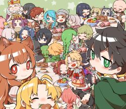 6+boys 6+girls :d ahoge ake_(tate_no_yuusha_no_nariagari) amaki_ren animal_ear_fluff animal_ears antenna_hair armor aultcray_melromarc_(tate_no_yuusha_no_nariagari) bald beard beloukas_(tate_no_yuusha_no_nariagari) bird bird_wings black_hair black_hat blonde_hair blue_eyes blue_hair blue_scarf blunt_bangs blush braid braided_ponytail braided_twintails brown_eyes brown_hair brown_headband cake character_request chibi cloak closed_eyes closed_mouth clothing_request colored_tips commentary_request crown cup dress drunk eating elena_haven_(tate_no_yuusha_no_nariagari) elrasla_ragnarok_(tate_no_yuusha_no_nariagari) erhard everyone excited expressionless facial_hair facing_another facing_away feast feathered_wings filo_(tate_no_yuusha_no_nariagari) filolial fitoria_(tate_no_yuusha_no_nariagari) food fork fur-trimmed_cloak fur_trim glass_(tate_no_yuusha_no_nariagari) glasses green_background green_cloak green_eyes green_hair grin hair_intakes half_up_braid hand_fan hat headband helmet highres holding holding_cup holding_fan holding_food holding_fork holding_plate iwatani_naofumi kawasumi_itsuki keel_(tate_no_yuusha_no_nariagari) kitamura_motoyasu l&#039;arc_berg_sickle lesty_(tate_no_yuusha_no_nariagari) long_hair long_sleeves looking_at_another looking_at_viewer low_twintails malty_s_melromarc medium_hair melty_q_melromarc messy_hair metal_arm_cuffs mirelia_q_melromarc motion_lines mug multicolored_hair multiple_boys multiple_girls mustache nervous_sweating open_mouth orange_hair pauldrons pink_hair plate purple_eyes purple_hair raccoon_ears raccoon_girl raphtalia red_cloak red_eyes red_hair rifana rishia_ivyred scarf shirt short_hair short_sleeves short_twintails shoulder_armor shunrai single_pauldron smile star_(symbol) star_symbol_background straight_hair striped_clothes striped_dress sweat tate_no_yuusha_no_nariagari tearing_up therese_alexanderite top_hat twintails two-tone_background two-tone_hair upper_body van_reichnott_(tate_no_yuusha_no_nariagari) vertical-striped_clothes vertical-striped_dress white_background white_dress white_hair white_shirt white_wings wings