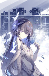 Rule 34 | 1girl, absurdres, arm at side, black choker, black hair, blue butterfly, blue flower, blue hair, blue pupils, blue spider lily, breasts, bug, butterfly, chinese commentary, choker, closed mouth, clothing cutout, colored inner hair, colored skin, commentary, cowboy shot, darkworldsss, detached sleeves, dress, expressionless, flower, grey eyes, hair between eyes, hair flower, hair ornament, hand up, highres, holding, holding flower, honkai (series), honkai impact 3rd, insect, jewelry, jigsaw puzzle, long hair, looking at viewer, medium breasts, multicolored hair, navel, necklace, puzzle, seele vollerei, seele vollerei (herrscher of rebirth), shadow, slit pupils, solo, spider lily, standing, stomach, stomach cutout, straight hair, strapless, strapless dress, two-tone hair, very long hair, white background, white dress, white skin, white wrist cuffs, wrist cuffs