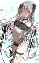 1girl absurdres arm_ribbon black_bra black_flower black_panties black_ribbon black_rose bra breasts bug butterfly chain collar cowboy_shot dated_commentary feathers flower grey_hair hair_between_eyes hair_flower hair_ornament hair_ribbon hairpin hands_up highres insect lace lace_bra leg_ribbon long_hair looking_at_viewer navel neck_ribbon original panties ribbon rose sajin_(user_pvrm4582) side-tie_panties small_breasts solo standing thigh_strap underwear variant_set very_long_hair