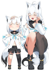 2girls absurdres aged_down ahoge animal_ear_fluff animal_ears black_boots black_shorts black_thighhighs blue_neckerchief blush boots braid closed_eyes commentary_request detached_sleeves dual_persona earrings fox_ears fox_girl fox_tail hair_between_eyes hakuou0714 hand_on_another&#039;s_head hands_on_own_hips highres hololive hood hoodie jewelry long_hair looking_at_another multiple_girls neckerchief pentagram shirakami_fubuki shirakami_fubuki_(1st_costume) short_shorts shorts sidelocks simple_background single_braid single_thighhigh smile smug squatting tail thigh_strap thighhighs time_paradox v-shaped_eyebrows virtual_youtuber white_background white_hair white_hoodie