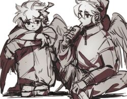 Rule 34 | 2boys, ahoge, alternate costume, beanie, closed mouth, crossed ankles, crossed arms, cup, dark pit, drinking straw, hand on own ankle, hat, holding, holding cup, kid icarus, kid icarus uprising, ko iwari ngo, male focus, multiple boys, nintendo, on ground, pit (kid icarus), sitting, sketch, tagme, thick eyelashes, white background