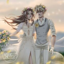 aerith_gainsborough alternate_costume arm_around_waist artist_name blonde_hair bouquet breasts bride brown_hair center_opening cleavage clothing_cutout cloud_strife collared_shirt dress final_fantasy final_fantasy_vii flower flower_necklace gabbinesss gloves grey_vest groom hair_between_eyes head_wreath highres holding holding_bouquet husband_and_wife japanese_clothes jewelry kimono lace lace_sleeves lily_(flower) long_hair looking_at_another medium_breasts necklace pants parted_bangs parted_lips shirt short_hair sidelocks smile spiked_hair stomach_cutout uchikake vest waistcoat wedding_dress white_dress white_gloves white_pants white_shirt yellow_flower
