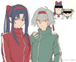 2girls accookie ahoge anime_screenshot_inset arm_at_side arms_at_sides artist_name blue_eyes blue_hair censored censored_identity chinese_commentary closed_mouth commentary_request curtained_hair double-parted_bangs flat_color genderswap genderswap_(mtf) green_jacket grey_hair hachimaki hair_between_eyes hand_up headband idolish7 isumi_haruka izumi_iori jacket long_hair long_sleeves looking_at_viewer multiple_girls pipimi pixie_cut ponytail popped_collar poptepipic popuko red_jacket short_hair side-by-side sidelocks simple_background smile track_jacket upper_body variant_set very_short_hair watermark weibo_watermark white_background yellow_eyes