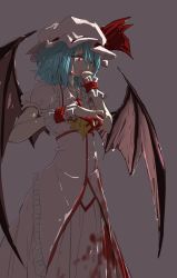 1girl backlighting bat_wings blood blood_drip blood_on_clothes blood_on_face blood_on_hands bloody_hand blue_hair brooch crying darjeeling_(reley) dark dress female_focus flat_chest frilled_shirt frilled_shirt_collar frills hair_between_eyes hand_up hat highres jewelry light long_skirt mob_cap pink_hat pink_shirt pink_skirt puffy_short_sleeves puffy_sleeves purple_background red_eyes remilia_scarlet shirt short_hair short_sleeves simple_background skirt solo standing streaming_tears tears touhou upset wings wrist_cuffs