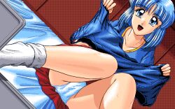 1990s_(style) 1995 1girl blue_eyes blue_hair dutch_angle hoshi_no_suna_monogatari_3 looking_at_viewer non-web_source on_bed open_mouth panties pc-98_(style) red_skirt retro_artstyle shima_(d.o.) sitting skirt socks underwear white_socks
