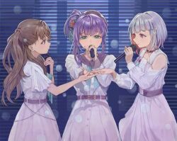 3girls asterism_(love_live!) belt blacky1266859 blush brown_hair closed_mouth clothing_cutout colored_inner_hair commentary dress fujishima_megumi green_eyes hair_ornament highres holding holding_microphone link!_like!_love_live! long_hair long_sleeves love_live! microphone multicolored_hair multiple_girls otomune_kozue purple_belt purple_eyes purple_hair red_hair short_hair shoulder_cutout star_(symbol) star_hair_ornament white_dress white_hair yugiri_tsuzuri