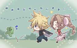 1boy 1girl aerith_gainsborough aqua_eyes arestear0701 armor artist_name baggy_pants belt blonde_hair blue_pants blush bo_staff boots braid braided_ponytail brown_footwear brown_hair buster_sword chasing chibi closed_eyes cloud_strife cropped_jacket dress final_fantasy final_fantasy_vii final_fantasy_vii_ever_crisis final_fantasy_vii_remake hair_between_eyes hair_ribbon highres holding holding_staff jacket long_hair open_mouth outdoors over_shoulder pants parted_bangs pink_dress pink_ribbon red_jacket ribbon sabotender short_hair shoulder_armor sidelocks single_braid sleeveless sleeveless_turtleneck smile sparkle spiked_hair staff suspenders sweatdrop turtleneck wavy_hair weapon weapon_over_shoulder