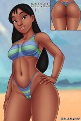 1girl artist_name ass ass_focus beach bikini black_hair blue_bikini breasts brown_eyes cameltoe cleavage dark-skinned_female dark_skin day english_text green_bikini hand_on_own_hip highres huge_ass lilo_&amp;_stitch long_hair looking_at_another looking_at_viewer multicolored_bikini nani_pelekai narrow_waist navel outdoors parted_lips shiny_skin solo standing striped_bikini striped_clothes swimsuit thong thong_bikini two-tone_bikini wet wide_hips zugalewd