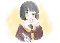 1girl black_hair blunt_bangs blunt_ends blush bob_cut brown_dress closed_mouth commentary_request cropped_torso dress flower_knot green_eyes hasu_no_sora_school_uniform highres holding holding_pencil link!_like!_love_live! long_sleeves looking_at_viewer love_live! mechanical_pencil momose_ginko neckerchief pencil ponyou1030 sailor_collar sailor_dress school_uniform simple_background smile solo split_mouth upper_body virtual_youtuber white_sailor_collar winter_uniform yellow_background yellow_neckerchief