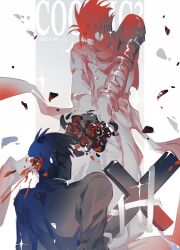 2boys bandages blood bouquet collared_coat cross dated earrings fiiish_shih flower from_behind headshot highres jewelry long_coat male_focus multiple_boys nicholas_d._wolfwood petals prosthesis prosthetic_arm red_petals rose round_eyewear short_hair simple_background single_earring spiked_hair trigun trigun_maximum vash_the_stampede white_background