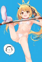 1girl :d armpits bare_shoulders bikini black_horns blonde_hair blue_archive blue_background blush demon_girl demon_horns doodle_sensei_(blue_archive) flat_chest from_below hair_ribbon halo highres horns ibuki_(blue_archive) loli long_hair looking_at_viewer micro_bikini navel open_mouth pointy_ears ribbon sensei_(blue_archive) shirota_dai shoes simple_background smile socks spread_legs standing standing_on_one_leg stomach swimsuit twintails very_long_hair white_bikini white_socks yellow_eyes yellow_halo